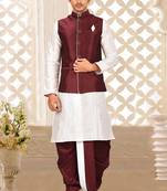 White dupon art silk kurta, jacket with matching dhoti