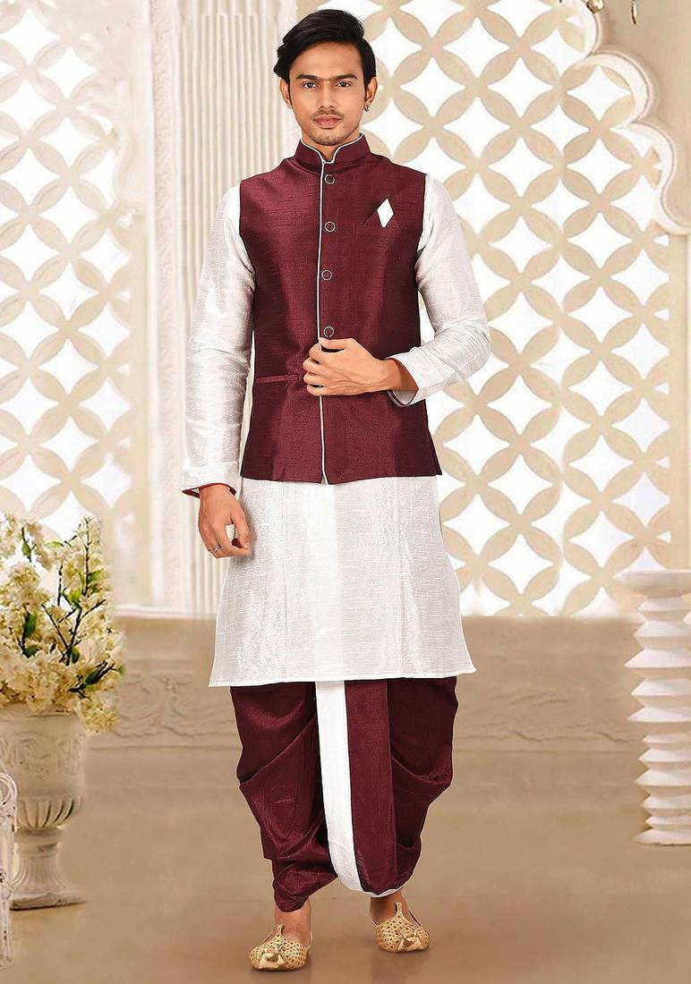 White dupon art silk kurta, jacket with matching dhoti
