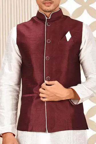 White dupon art silk kurta, jacket with matching dhoti