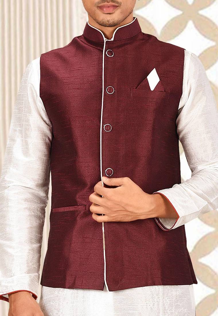 White dupon art silk kurta, jacket with matching dhoti