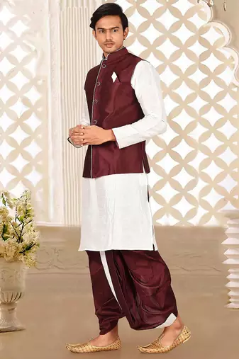 White dupon art silk kurta, jacket with matching dhoti