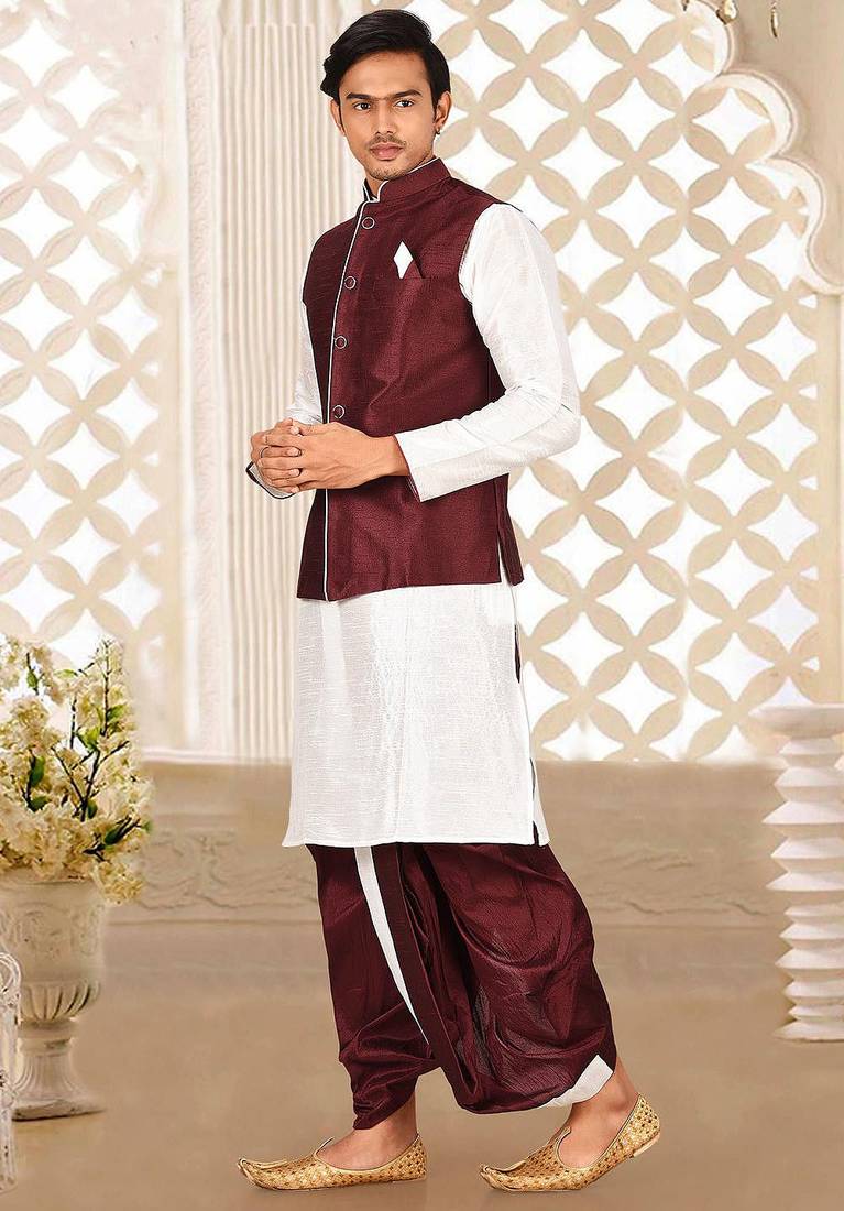 White dupon art silk kurta, jacket with matching dhoti