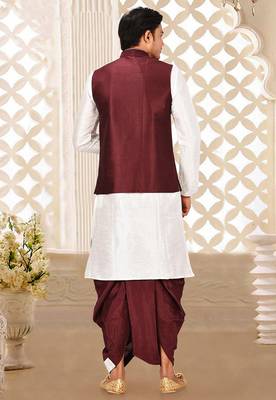 White dupon art silk kurta, jacket with matching dhoti 4