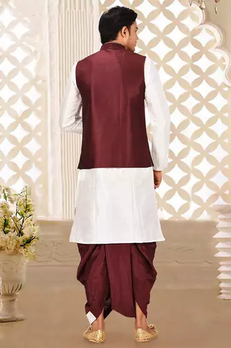 White dupon art silk kurta, jacket with matching dhoti