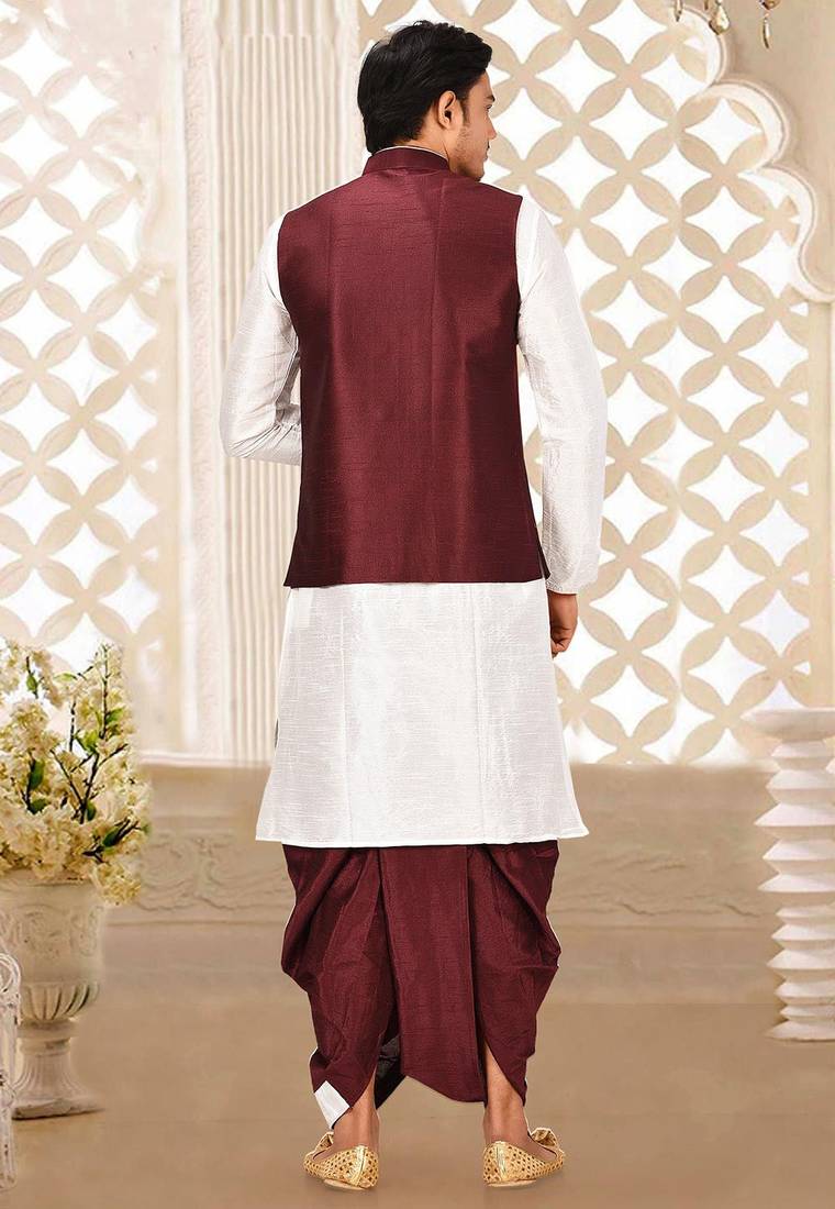 White dupon art silk kurta, jacket with matching dhoti