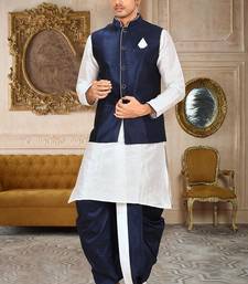 White dupon art silk kurta, jacket with matching dhoti