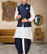 White dupon art silk kurta, jacket with matching dhoti