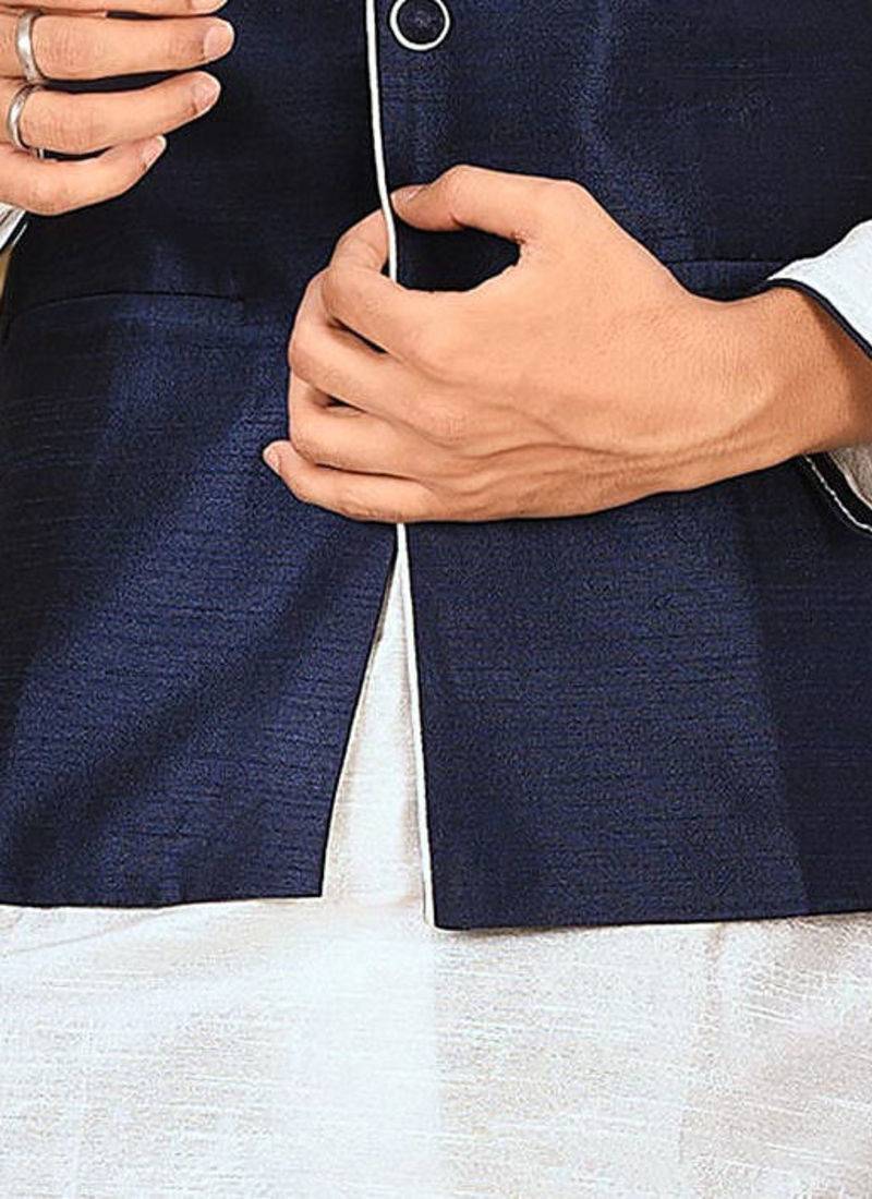 White dupon art silk kurta, jacket with matching dhoti