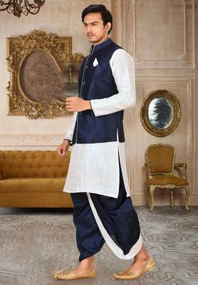 White dupon art silk kurta, jacket with matching dhoti 3