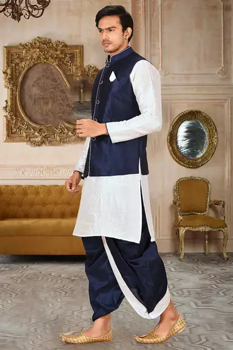 White dupon art silk kurta, jacket with matching dhoti