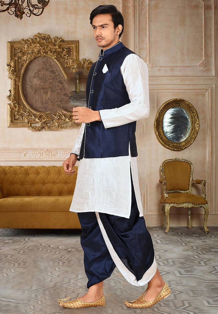 White dupon art silk kurta, jacket with matching dhoti