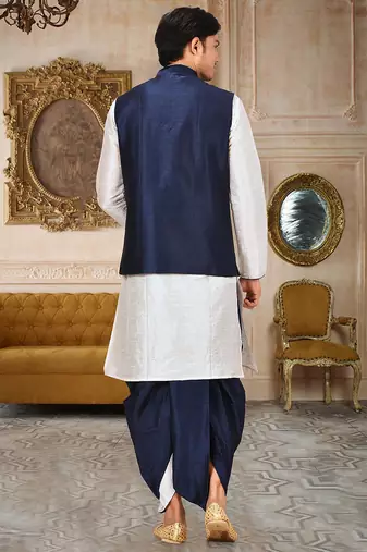 White dupon art silk kurta, jacket with matching dhoti