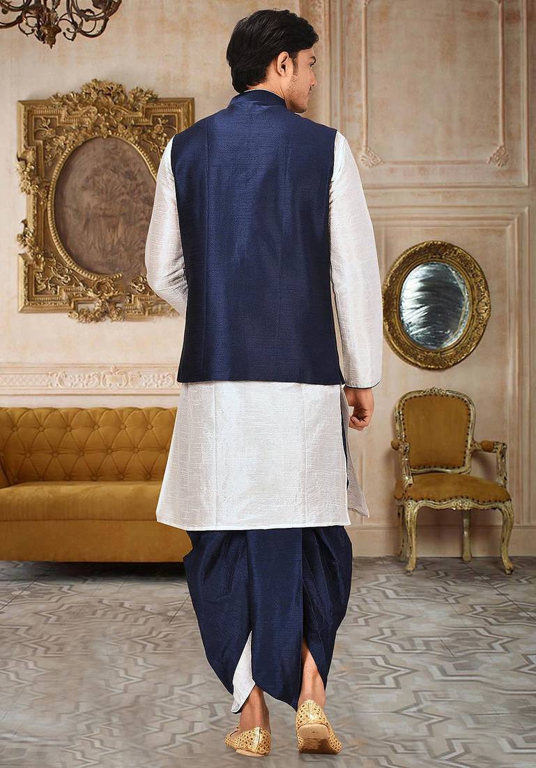 White dupon art silk kurta, jacket with matching dhoti