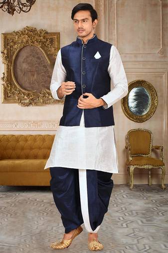 White dupon art silk kurta, jacket with matching dhoti