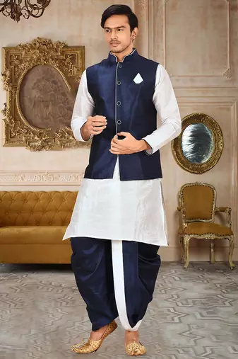 White dupon art silk kurta, jacket with matching dhoti