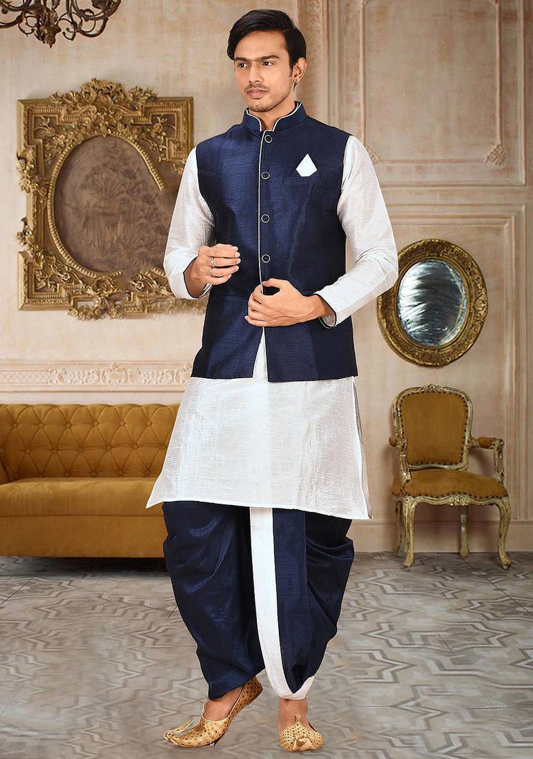 White dupon art silk kurta, jacket with matching dhoti