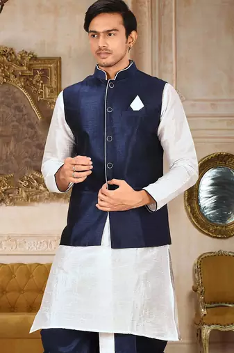 White dupon art silk kurta, jacket with matching dhoti