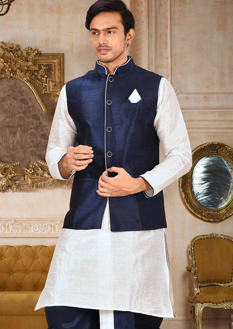 White dupon art silk kurta, jacket with matching dhoti