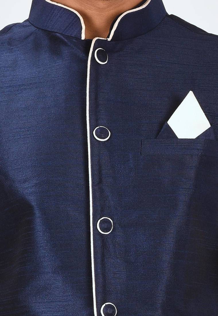 White dupon art silk kurta, jacket with matching dhoti