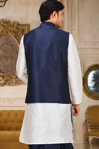 White dupon art silk kurta, jacket with matching dhoti