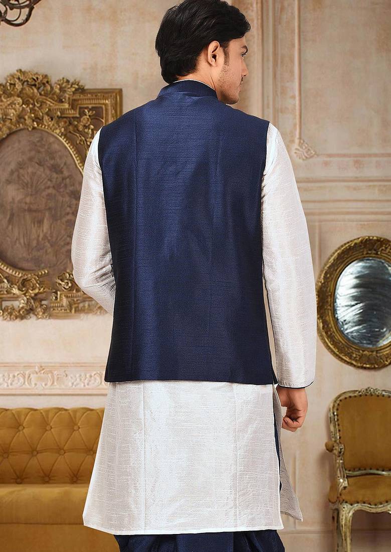 White dupon art silk kurta, jacket with matching dhoti