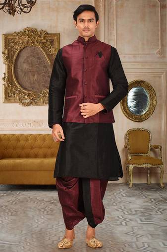 Black dupon art silk kurta, jacket with matching dhoti