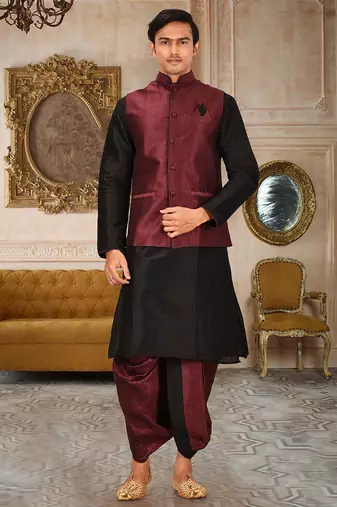 Black dupon art silk kurta, jacket with matching dhoti
