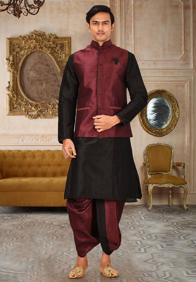 Black dupon art silk kurta, jacket with matching dhoti