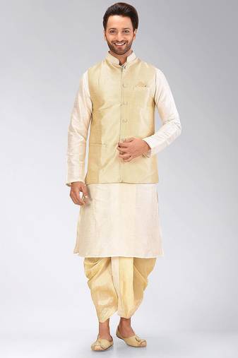 Cream dupon art silk kurta, jacket with matching dhoti