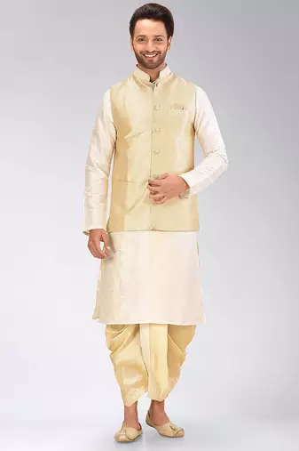 Cream dupon art silk kurta, jacket with matching dhoti
