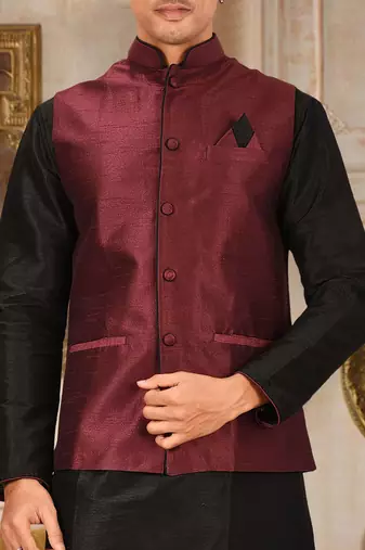 Black dupon art silk kurta, jacket with matching dhoti