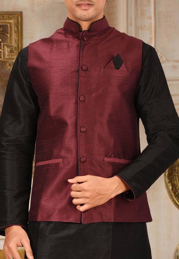 Black dupon art silk kurta, jacket with matching dhoti