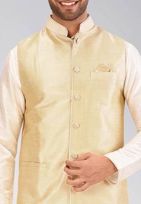 Cream dupon art silk kurta, jacket with matching dhoti 2