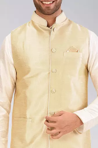 Cream dupon art silk kurta, jacket with matching dhoti