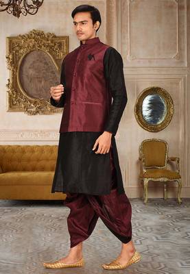 Black dupon art silk kurta, jacket with matching dhoti 3