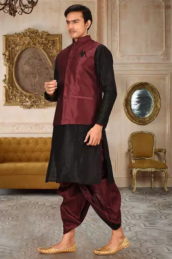 Black dupon art silk kurta, jacket with matching dhoti