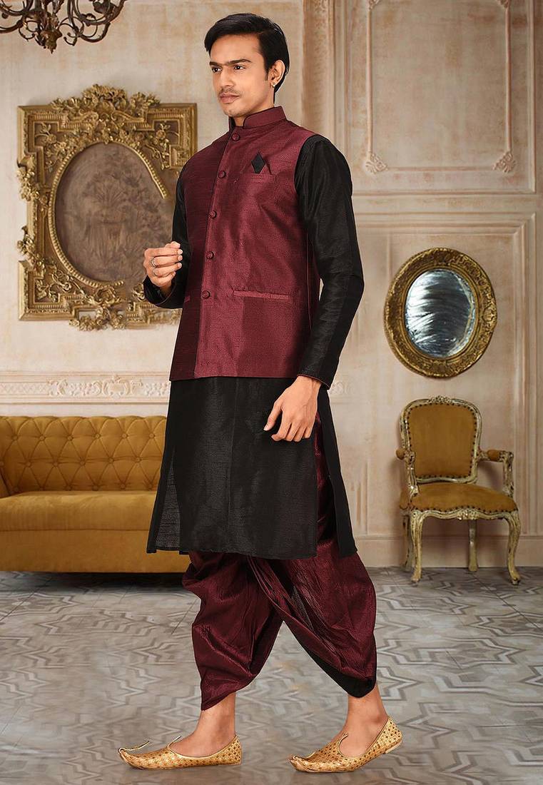 Black dupon art silk kurta, jacket with matching dhoti