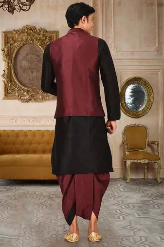Black dupon art silk kurta, jacket with matching dhoti