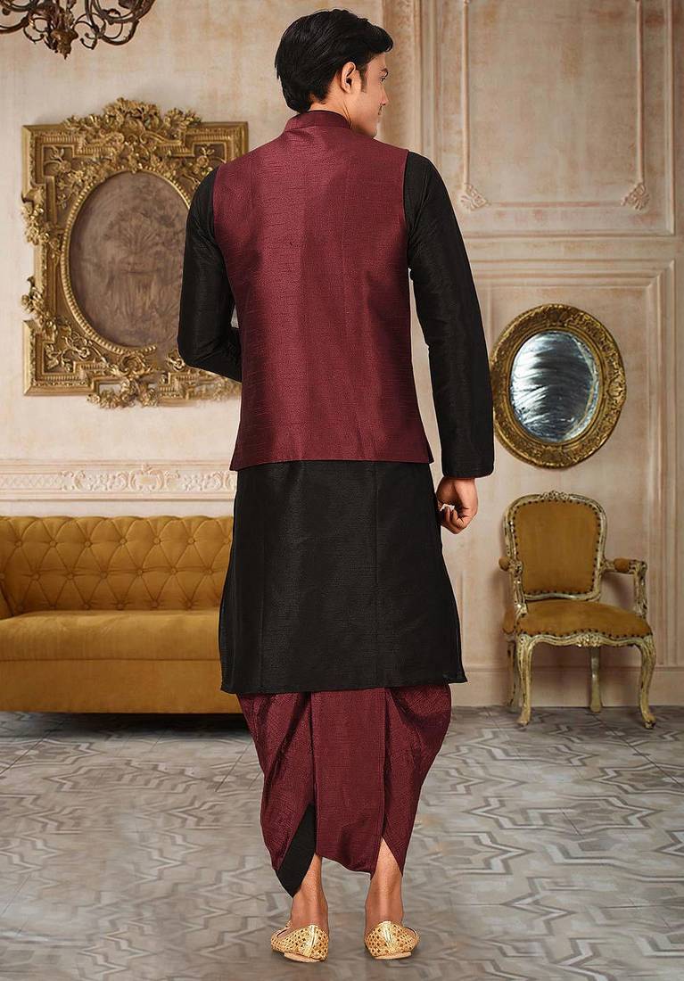 Black dupon art silk kurta, jacket with matching dhoti