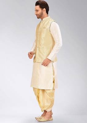 Cream dupon art silk kurta, jacket with matching dhoti 3