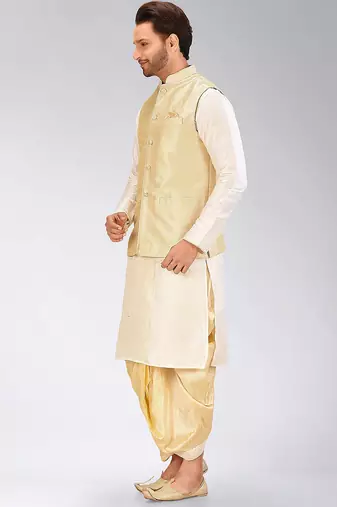Cream dupon art silk kurta, jacket with matching dhoti