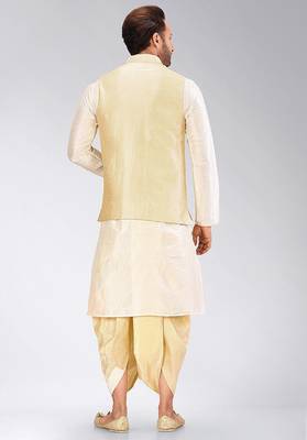 Cream dupon art silk kurta, jacket with matching dhoti 4