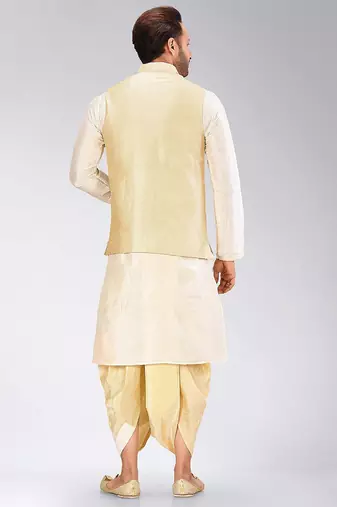 Cream dupon art silk kurta, jacket with matching dhoti