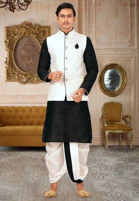 Black dupon art silk kurta, jacket with matching dhoti 1