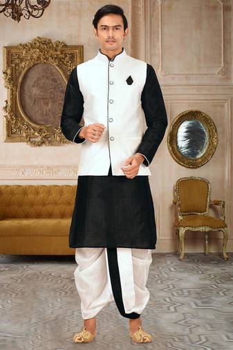 Black dupon art silk kurta, jacket with matching dhoti