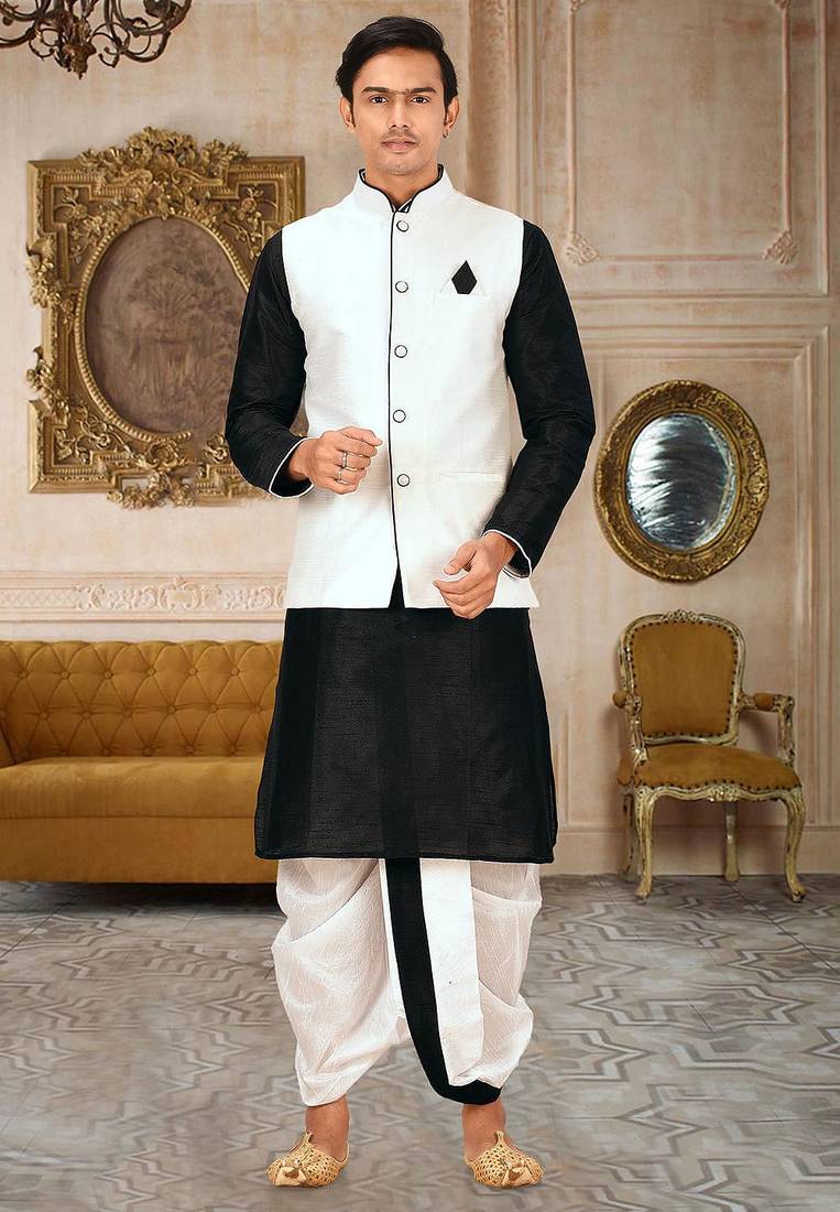 Black dupon art silk kurta, jacket with matching dhoti