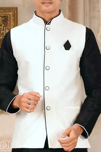 Black dupon art silk kurta, jacket with matching dhoti