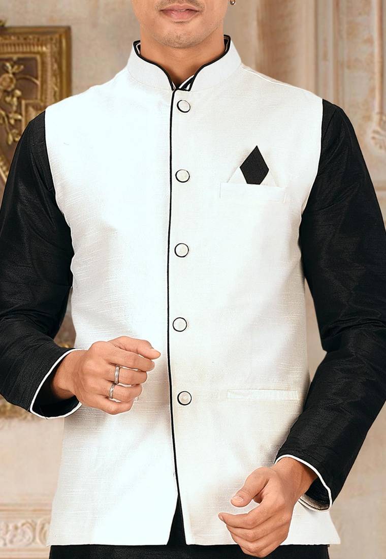 Black dupon art silk kurta, jacket with matching dhoti