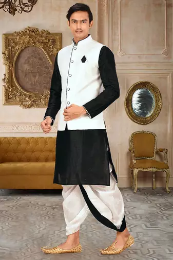 Black dupon art silk kurta, jacket with matching dhoti