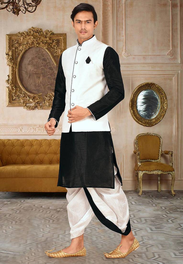 Black dupon art silk kurta, jacket with matching dhoti